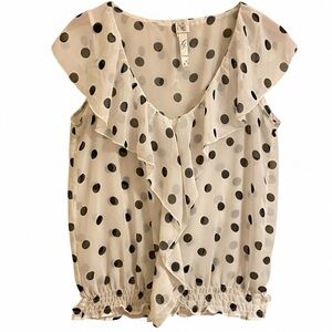 Gracie Sheer Polka Dot Ruffle Blouse Cream Navy Size Large